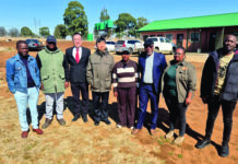 Mpumalanga businesses urged to turn China’s zero-tariff opportunity into real exports L-R Dr, Gideon Chitanga, Mr Zhu Liang, Deputy Director of the Press Section (Red Tie), Mr Zhou Bin, First Secretary of the Commercial Section, Mr. Austin Moyo (Navy Suite) with the founding Directors of Optimist Agri Farming during a live tour before the seminar to their piggery